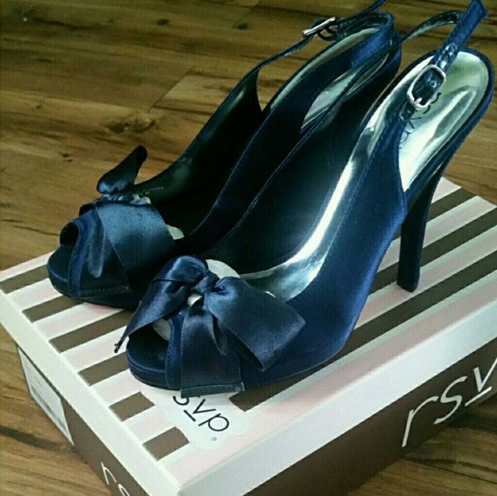RSVP Navy Peep Toe Slingback Satin Bow Heels 7.5